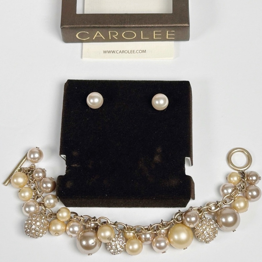 Carolee Bracelet Earring Boxed Set Charm Bracelet Pearls Dangling Pave GlobesNEW - Picture 4 of 9